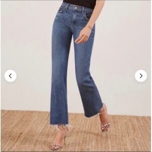 Reformation Cropped Flood Jeans High Waist Flare Raw Fray Hem Kasai Wash Size 31